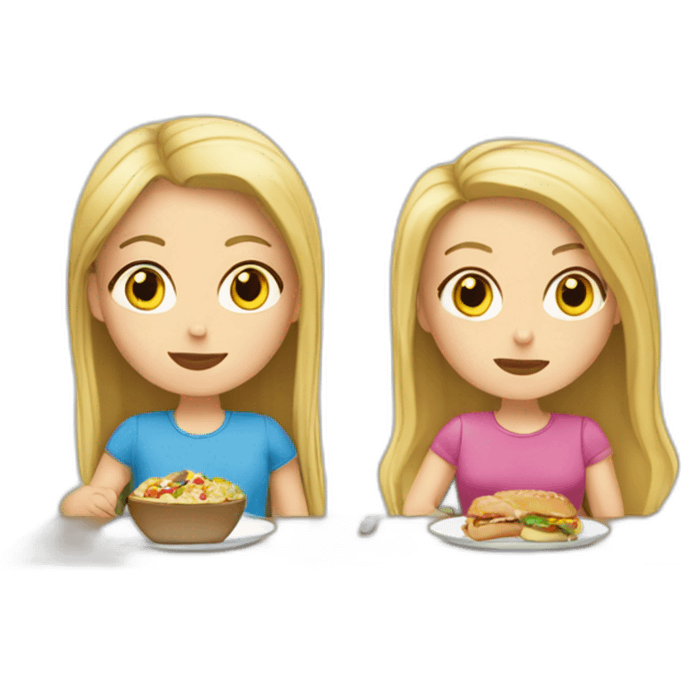 white girl with blonde hair and white girl with brunette hair eat lunch on the table emoji