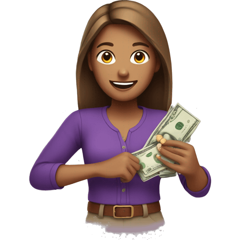 tan emoji woman with purple shirt and brown hair holding money and smiling emoji