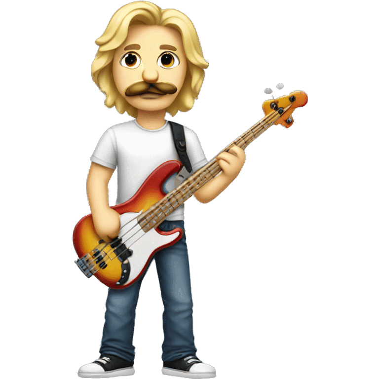 A long haired blond man with a thick mustache holding a bass wearing a tshirt and jeans emoji