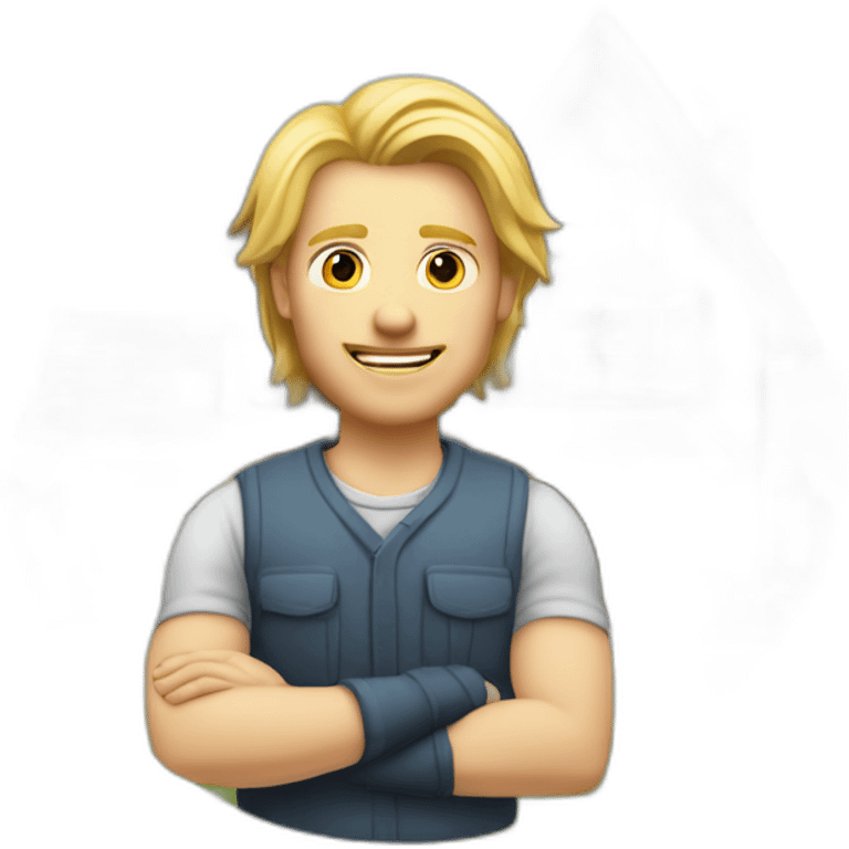 Blond man architect, with mid long blond hair, posing next to a eooden house emoji