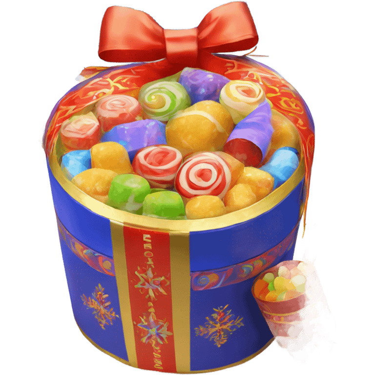 Traditional russian new year sweet gift box with handles with russian candies in wrapers for kids emoji