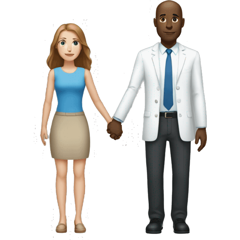 Tall bald black man holding hands with a white woman with long brown-hair and blue eyes emoji