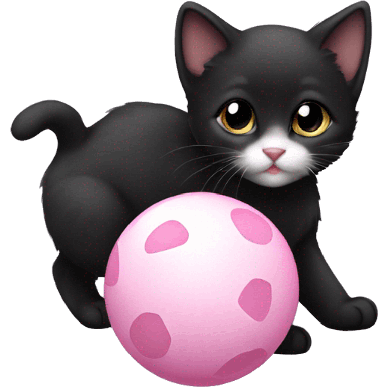 black kitten with white paws and white chest and a white nose playing with pink ball emoji