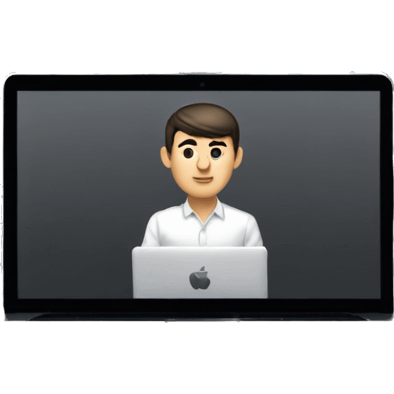 emoji guy dark haired with short haircut, in white shirt sits at macbook and works emoji