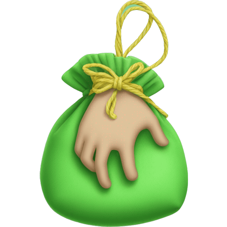 hand holding a green pouch tied with light green string emoji