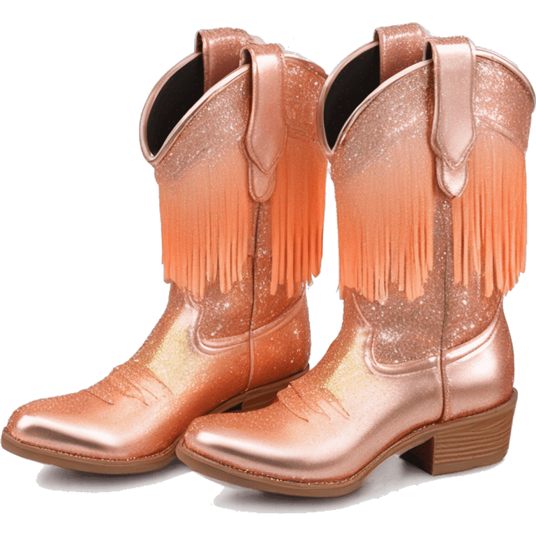 Realistic rose gold and peach ombre pair of fashion cowgirl boots with sparkly shiny glitter fringe on them. emoji