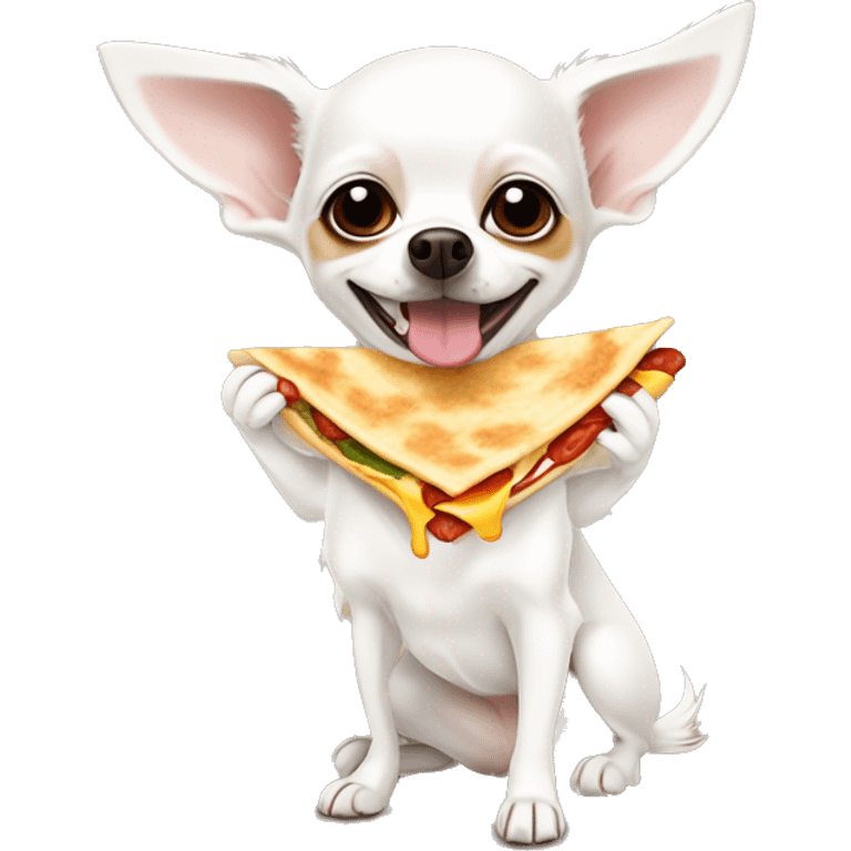 Long-haired white Chihuahua with reddish-brown markings eating a quesadilla emoji