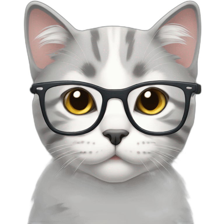 Grey and white Scottish cat wearing glasses emoji