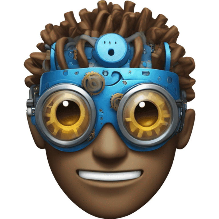 Brown cyborg head with blue Mohawk, blue beard, silver steampunk monocle goggles a smile and circuits emoji