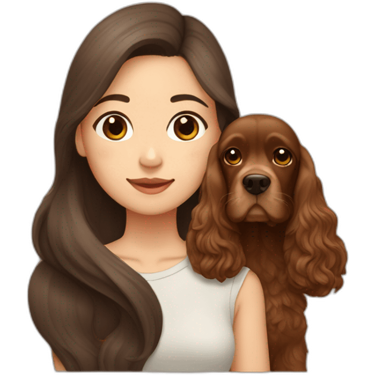 asian girl in long brown hair sits with brown cocker spaniel emoji