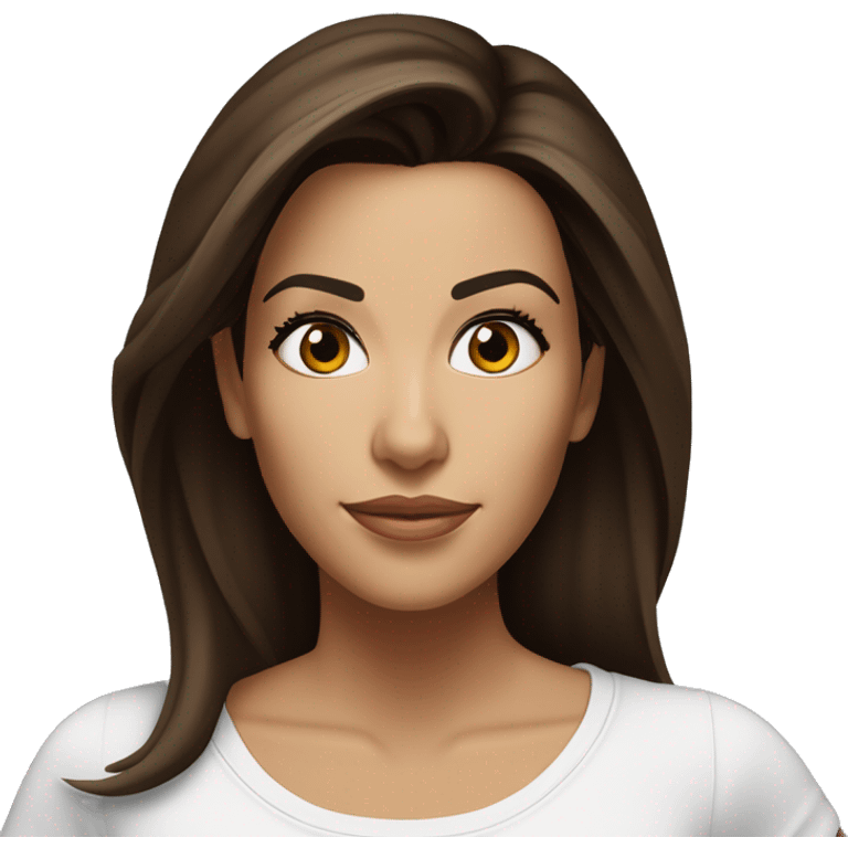 3/4 face, contrasted, shadow, light, Eva Longoria expression, standing from a distance, thin nose, brunette woman, hazel eyes, long eyelashes, dark shoulder shaded hair, white t-shirt, jeans, white sneakers emoji