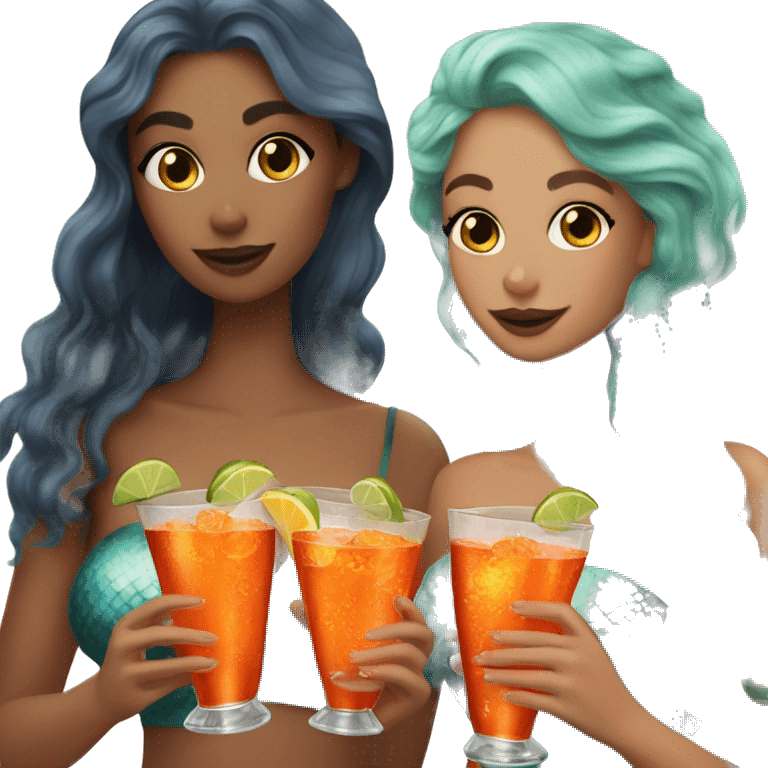 Three beautiful mermaids (light skin) drinking aperol emoji