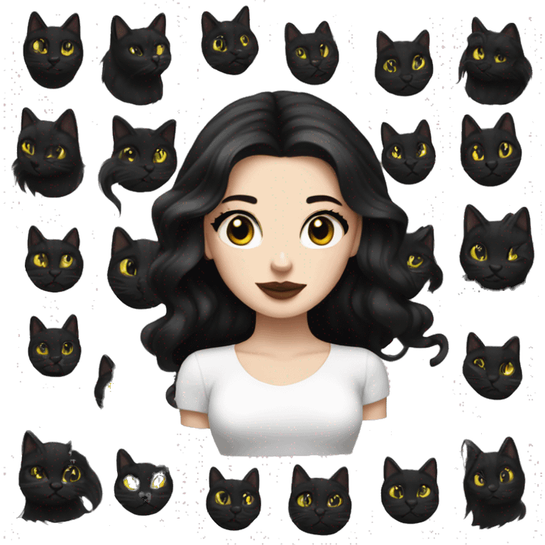 A white girl with long black hair full make up with her black cat emoji