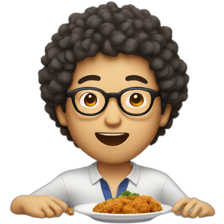 Asian man with round glasses and natural perm eating chicken emoji