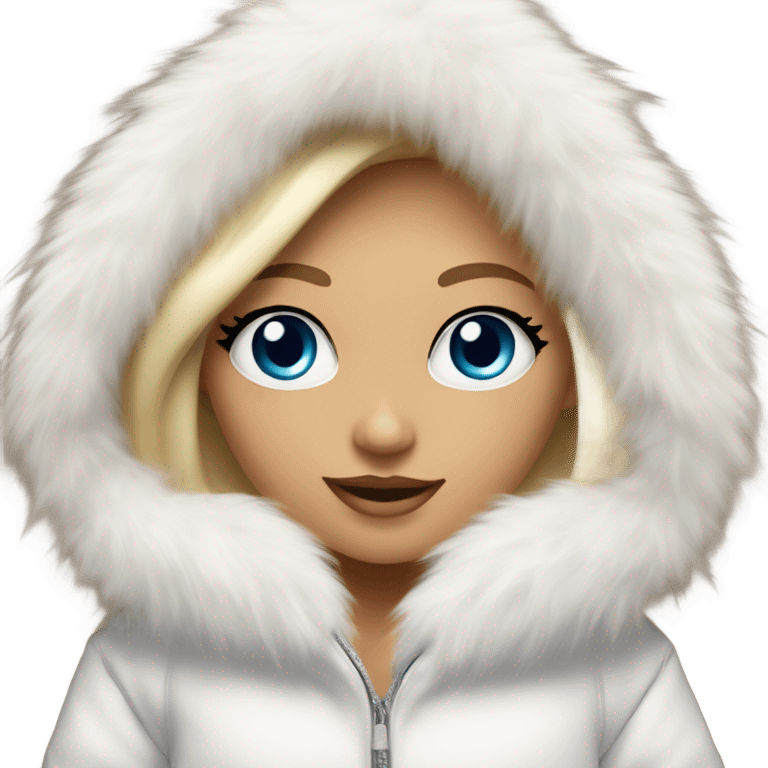 Tanned Girl with lashes and blue eyes, blonde hair, in a extremely big fluffy oversized white fur coat with hood on. The fur is real and it’s very obvious big and fluffy  emoji