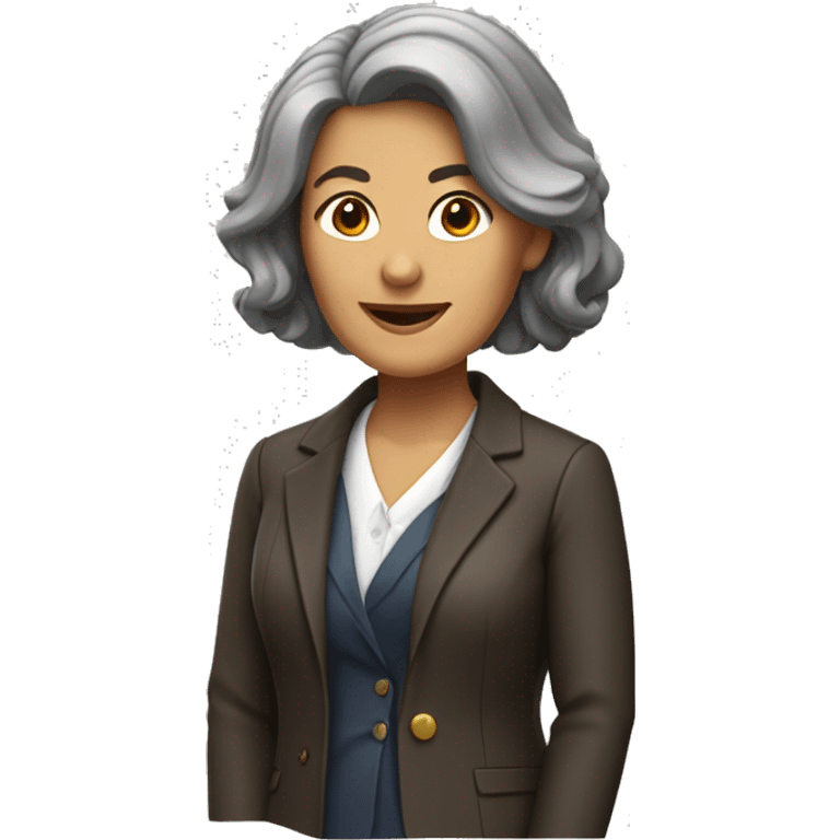 a middle-aged woman with shoulder-length dark brown hair in a jacket as a school headmaster emoji