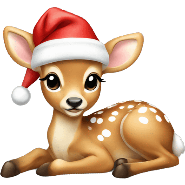 baby deer with white spots lying down wearing a santa hat emoji