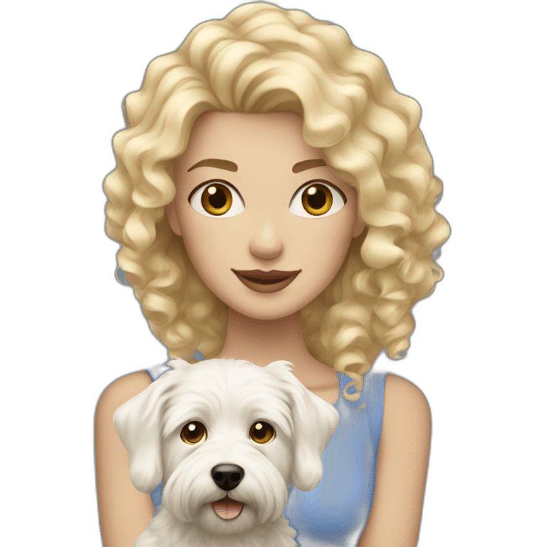 Blond woman with curly hair, blue eyed and her westie dog  emoji