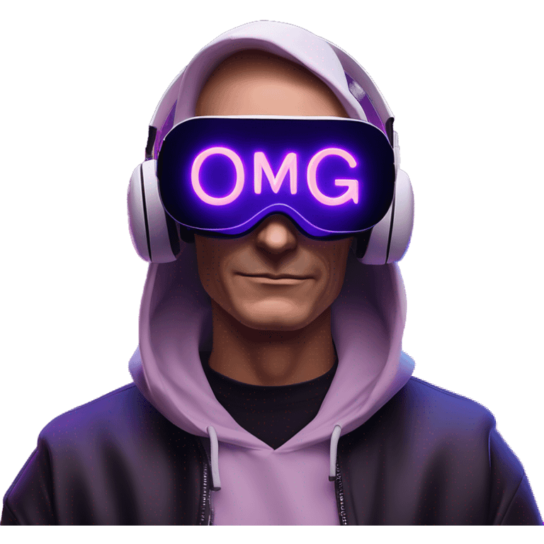 Putin wearing a black hoodie with "OMG" letters on it and VR headset oculus quest 2 in a cyberpunk VR environment with violet neon lighting. emoji