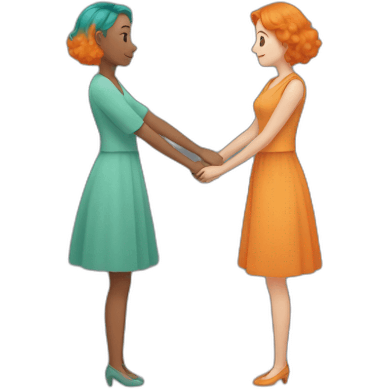 two women holding hands, one with medium length orange hair, one with short teal hair emoji