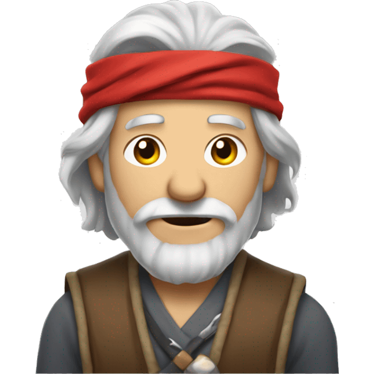 Old man wth long grey hair and a red bandana around his neck, wearing crown  emoji