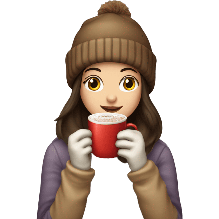 Brunette girl with gloves and beanie sipping her hot chocolate  emoji