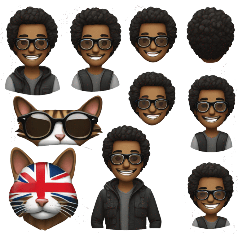 hombre delgado con gafas de cuadros negras, cabello corto negra, sonriendo y con un gato british shortair emoji