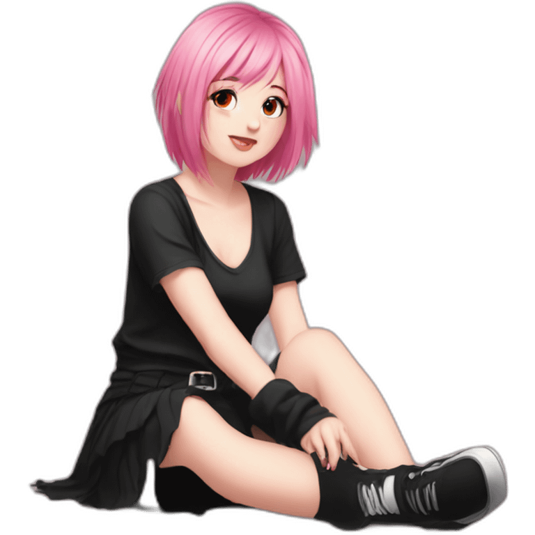 Full body Front view curvy emo girl pink hair sits on the floor straight view hands up black skirt белые трусики emoji