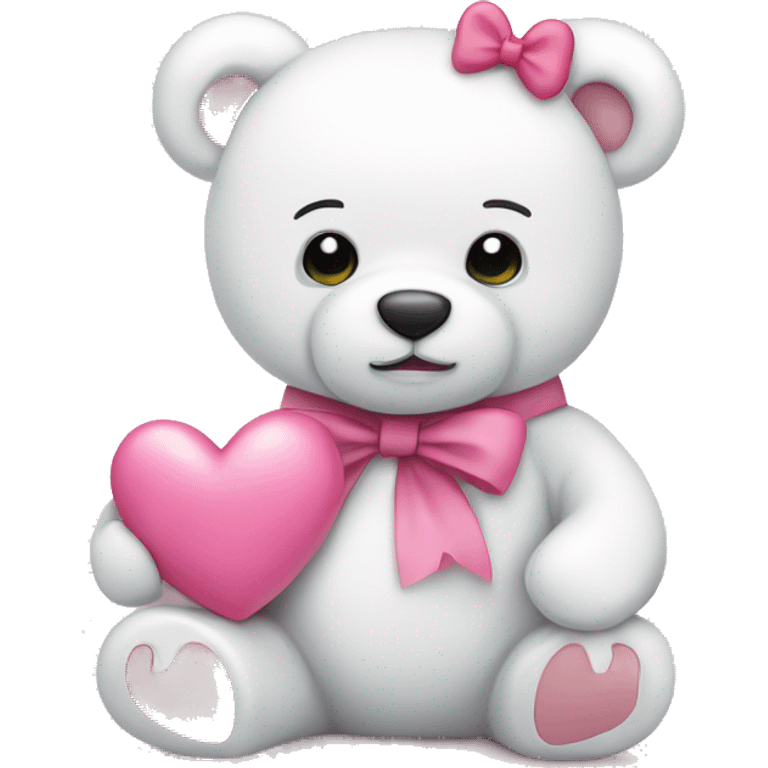 White teddy bear with pink bow holding pink heart emoji