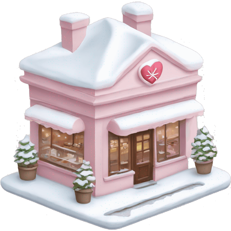 pale pink coffee shop covered in snow heart emoji