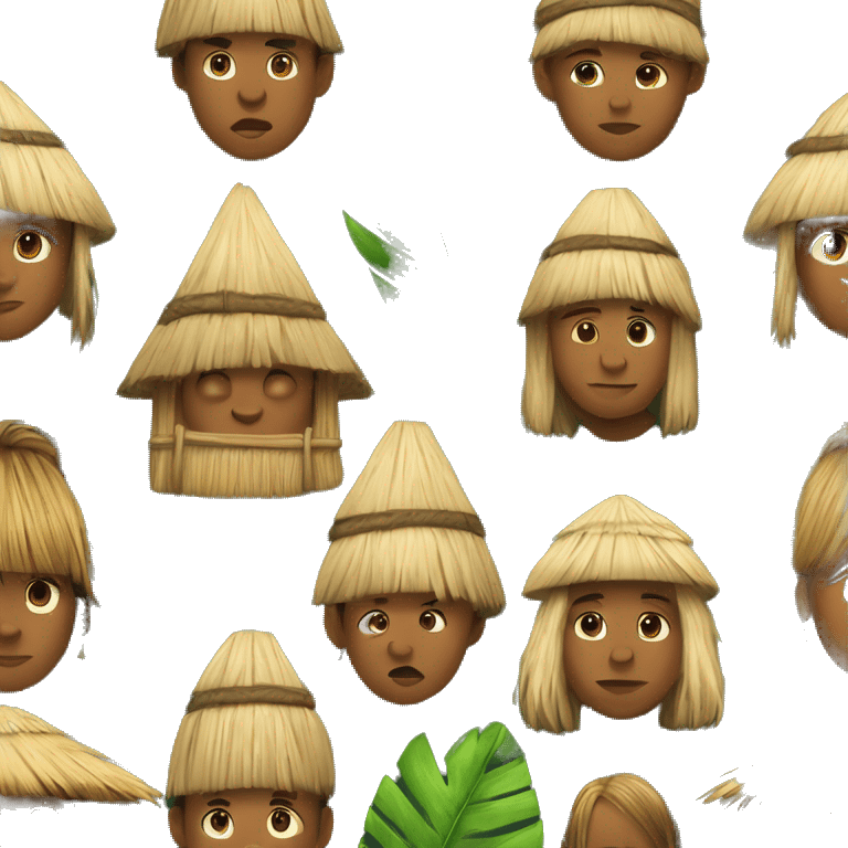 An emoji of a tribe in the Amazon rainforest, featuring simple huts, dense jungle surroundings, and people wearing traditional attire, symbolizing a close-knit community living in harmony with nature emoji