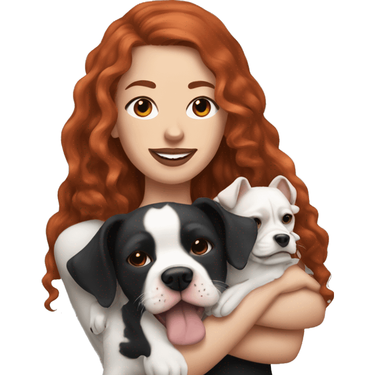 Long Red haired woman with septum piercing holding black and white English Staffordshire dog emoji