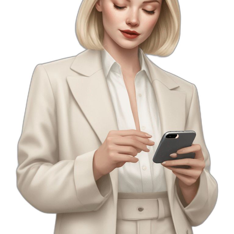 pale skin woman with ash blonde Straightened bob Hair, White Spacious classical jacket, beige palazzo Arrow pants and gray blouse holding white IPhone 15 pro in the hands emoji