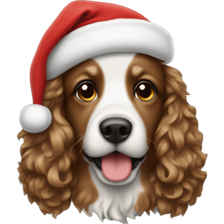 Medium brown wavy hair Dog in Santa hat emoji