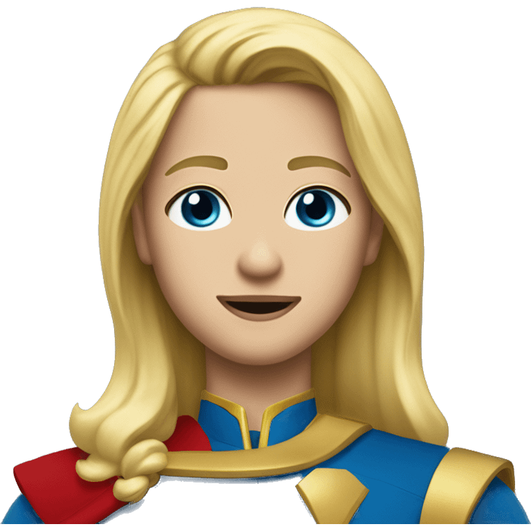 Man with blonde hair and blue eyes wearing blue super suit with gold shoulder pads and a red collar who is pregnant emoji