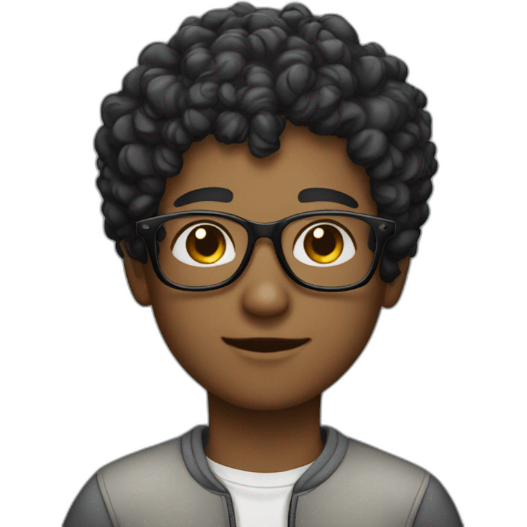 A boy with a black curly short hair and the glasses emoji