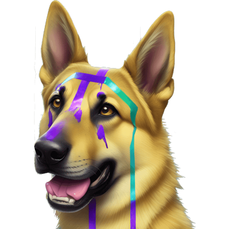 .Zombie_ Vaporwave black holographic oilslick zombie yellow German shepherd dog yellow caution tape graffiti stripes iridescent blue purple yellow stripes emoji