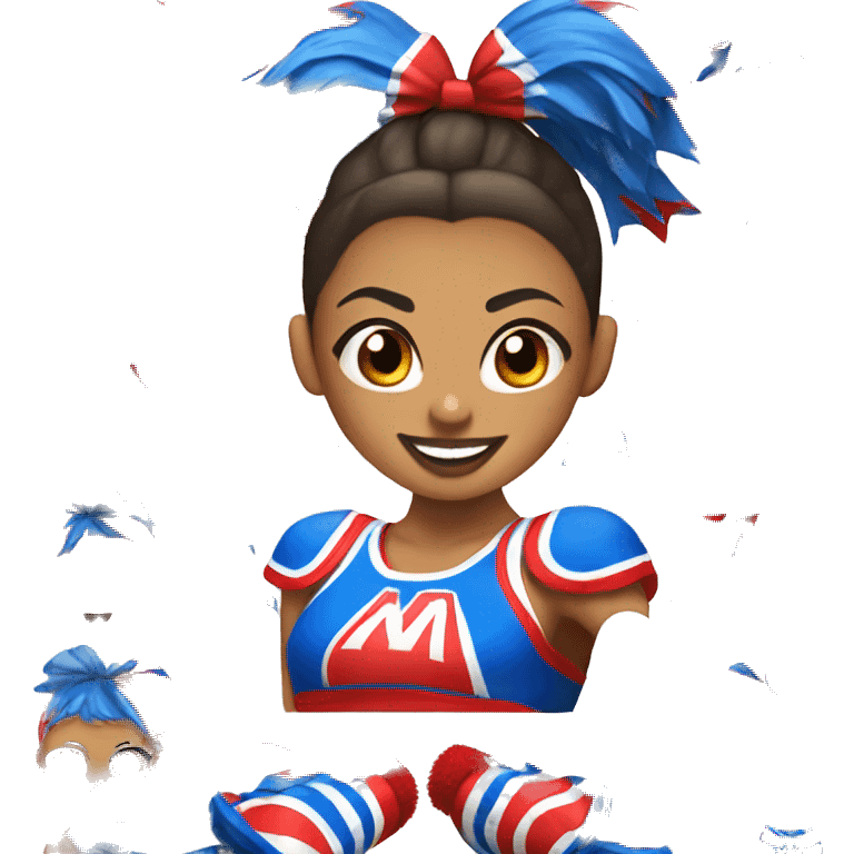 Tan skin cheerleader with high ponytail and red and blue pop-poms emoji