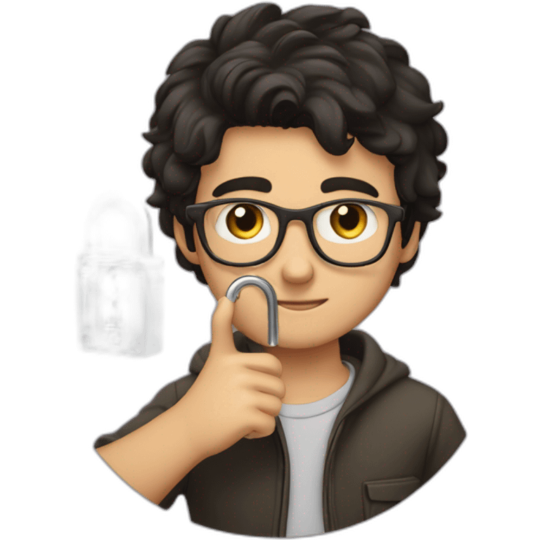 dark-haired young man with glasses struggling to fit a key into a lock emoji