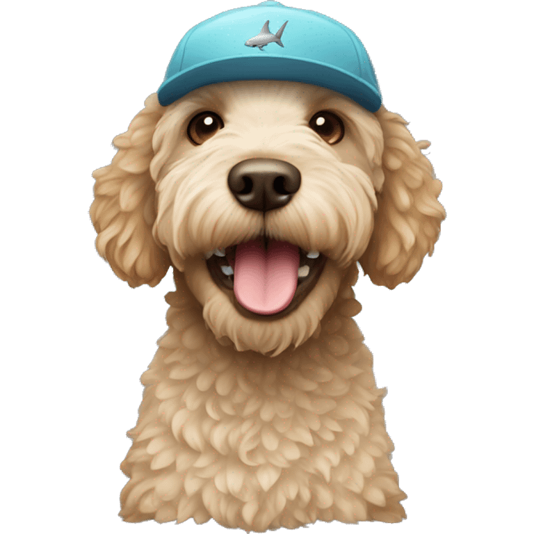 Labradoodle with a shark hat emoji