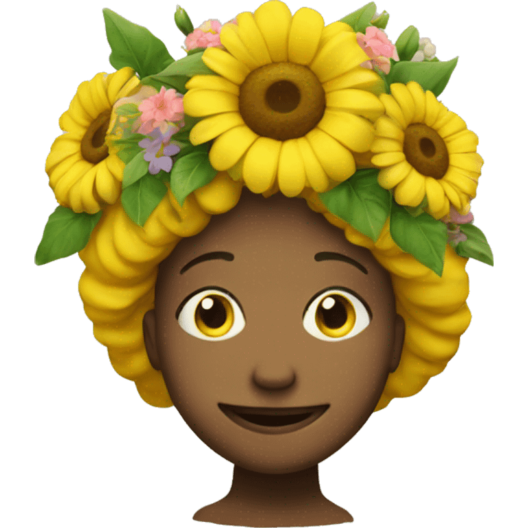 Yellow circular smiley face wearing flowers on head emoji