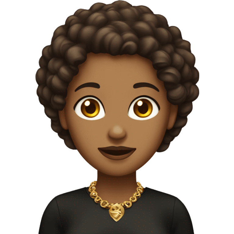 Female with curly chocolate hair, mahogany eyes and olive skin. She’s wear a black shirt with jewelry gold. emoji