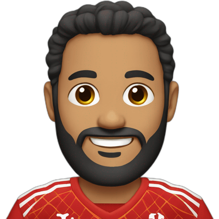 Man with long black beard wearing Moroccan jersey and smiling emoji