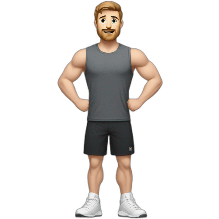 Full height Actively gesturing with hands Pale skinned Fit Man With the biceps and brown hair in dark gray Sleeveless Mike, black oversize sports shorts, watch and white Sneakers emoji