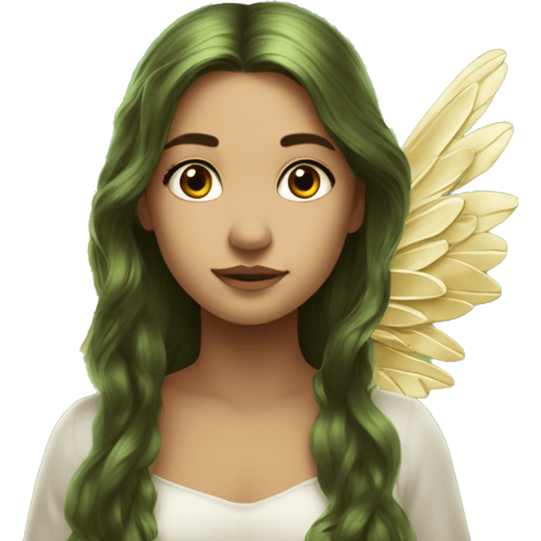 big wings, Beautiful, fairy, gold, brown, dark green, green, long hair emoji