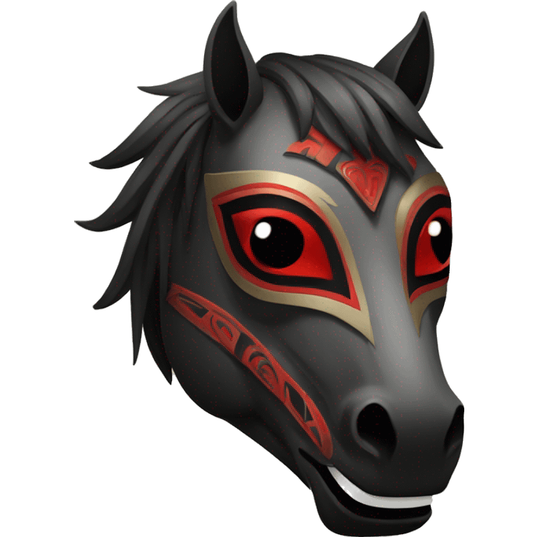 Black mask of a smiling horse with red eyes in front with a tribal style emoji