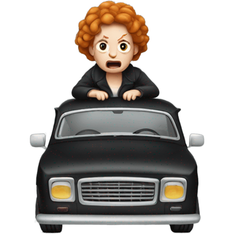 An angry ginger woman in a small old black car  emoji