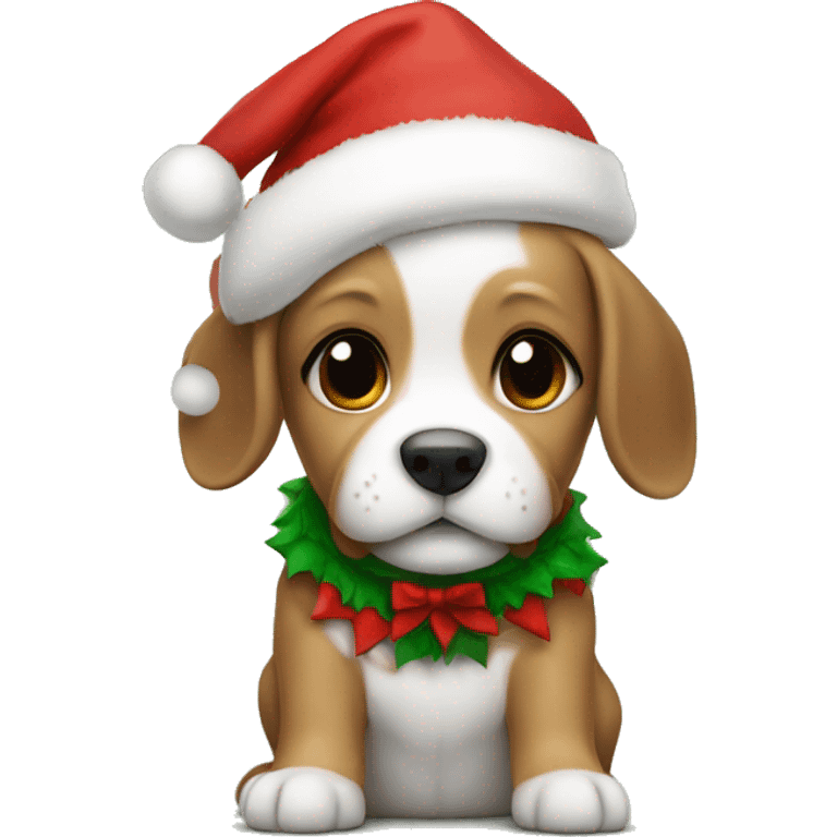 A puppy wearing a Christmas jersey with Santa hat emoji