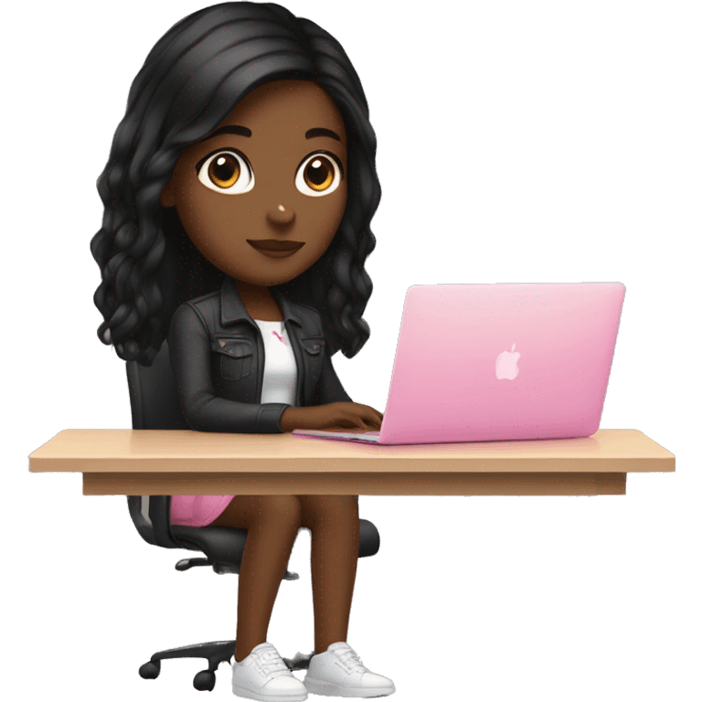 Brown skin girl withg black hair sitting at desk with pink MacBook  emoji