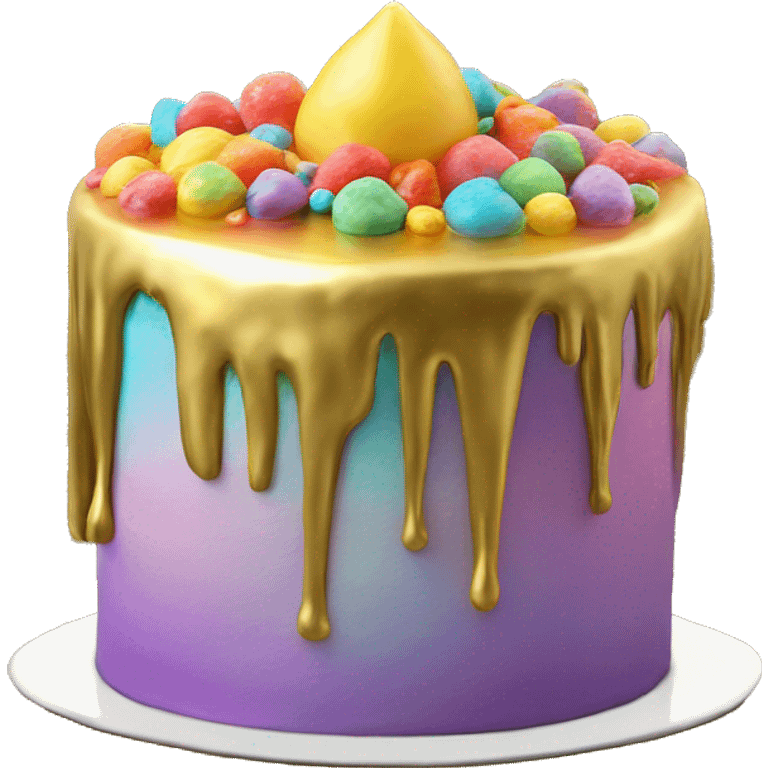 Realistic isolated colorful cake with metallic gold icing dripping from top and all down along the cake emoji